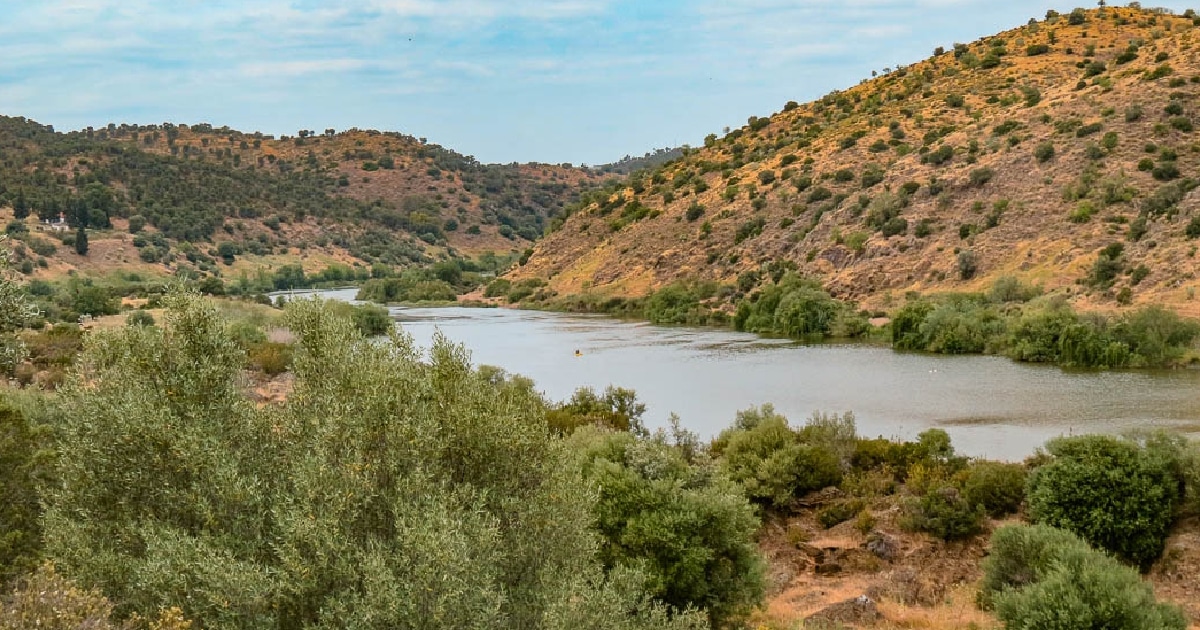 Paisagem fluvial com colinas arborizadas em Portugal.