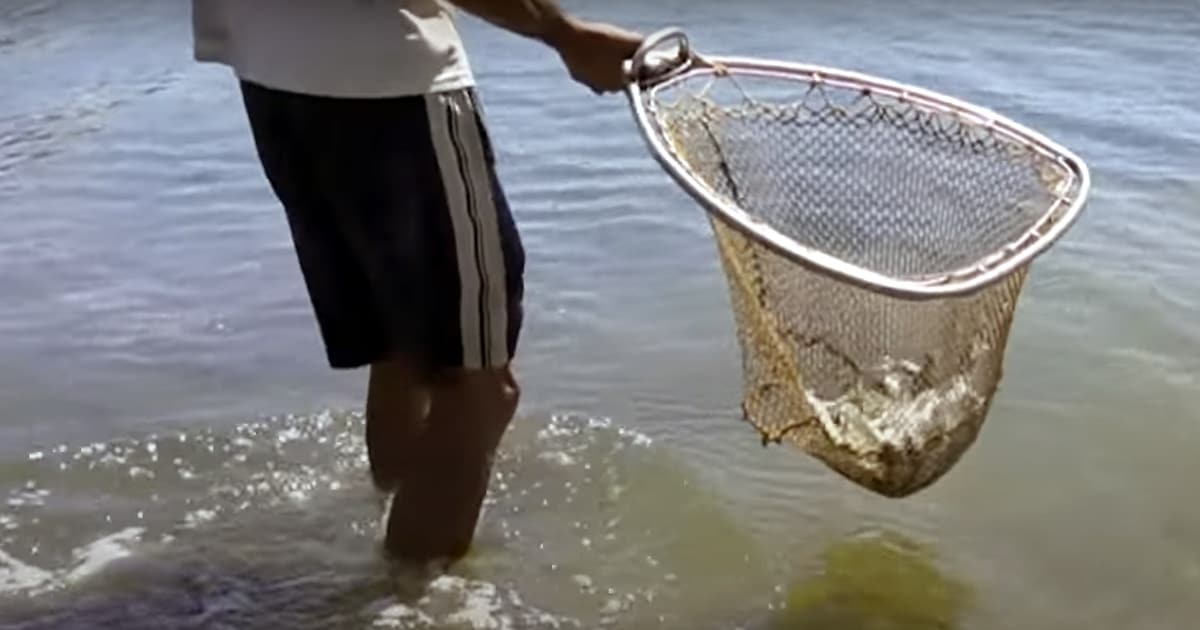 Homem com rede a pescar no rio.