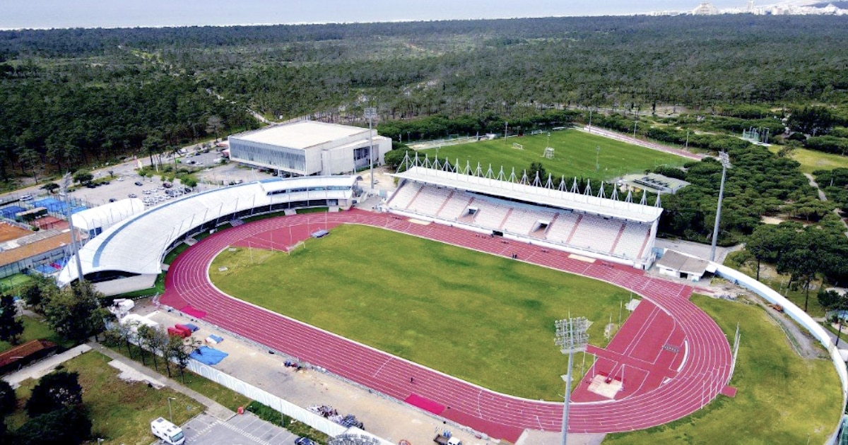 Estádio e pista de atletismo aéreos cercados por árvores.