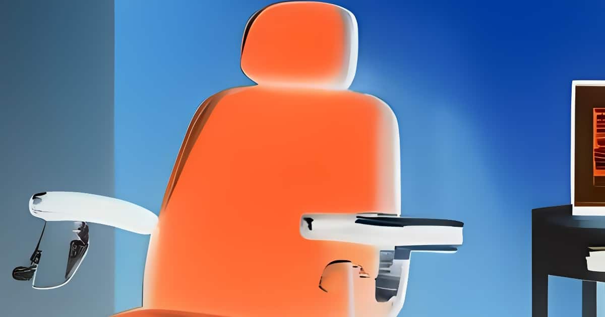 Cadeira de escritório laranja e computador moderno.