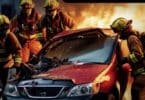 Bombeiros combatendo incêndio em carro.