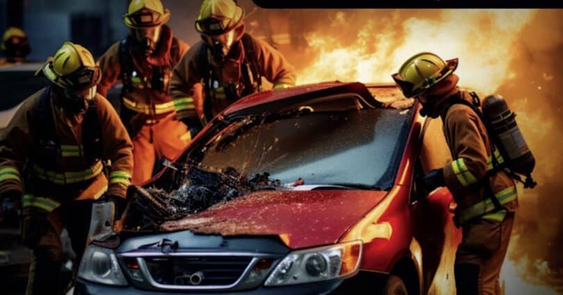 Bombeiros combatendo incêndio em carro.