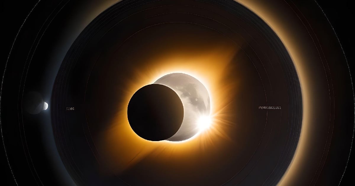 Eclipse solar total com corona brilhante visível.